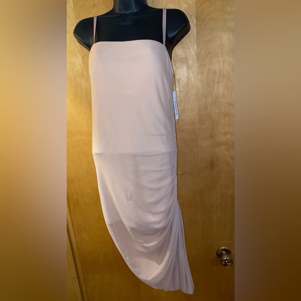 XTRAORDINARY Blush/Nude Mesh Overlay Spaghetti Strap Ruched Sheer Dress